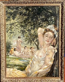 Russian Painting Attributed to: Constantine Somov, oil on Canvas, Afternoon Bathers, canvas 17-1/2 x