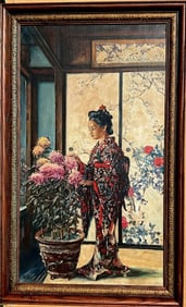 Russian Painting Attributed to Vasiliy Vereschagin - Young Asian girl tending to her flowers.
