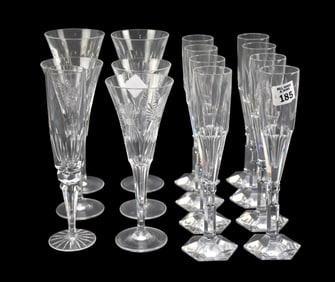 8 Baccarat Crystal Champagne Flutes with Hexagonal Base, 10"h (small chip on rim), Together with 5