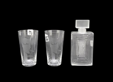 3 Pcs. Lalique Crystal France Decanter & 2 Tumblers, 8"h