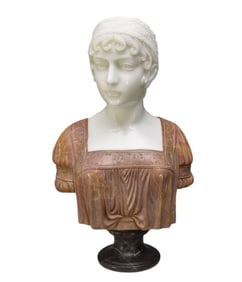 Marble Female Bust in Classical Manner on Round Plinth Base, 24"h