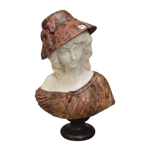 Marble Bust, Lady with Hat, rouge and white marble, 21"h x 15"w (Several chips under Brim of Hat)