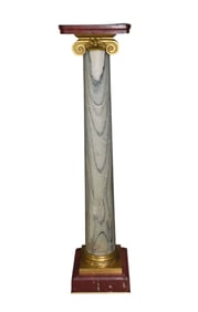 Classical Rouge Marble Pedestal with Striated Blue, Gray Column with Gilt Metal Mounts, 43 1/2"h