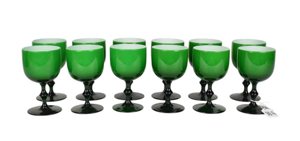 12 Vintage Green Glass Stemmed Waters with Casement, 6"h (one with small chip on lip)