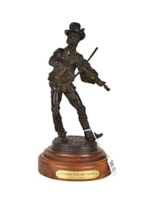 Bronze Figural Sculpture by Bill Nebeker (with papers), "Feathers, Furs & Fiddlin'",11"h