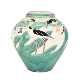 Vintage Pottery Bulbous Form Vase, Bird Motif, signed underside of foot, dated 2001, 10"h