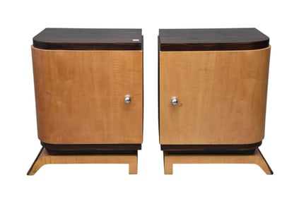 Pair Mid-Century Nightstands/Side Tables Each with Single Rounded Cabinet Door, Striated Wood Top on