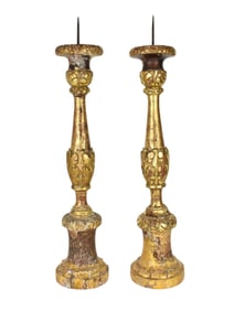 Pair of Lapis Italian Carved & Giltwood Altar Candlesticks, Late 18th c, Gilt Decoration Over Gesso