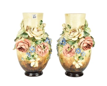 Pair French Edouard Gilles Majolica Ceramic Footed Vases, Cream & Brown Ground with Pink, Red and