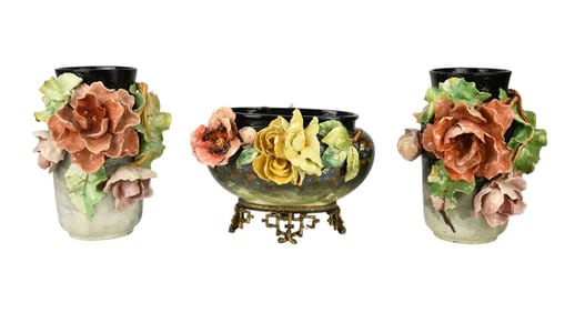 3 Piece Edouard Gilles Majolica Ceramic Garniture, French, 19th c. 2 Black & Gray Vases with Red &