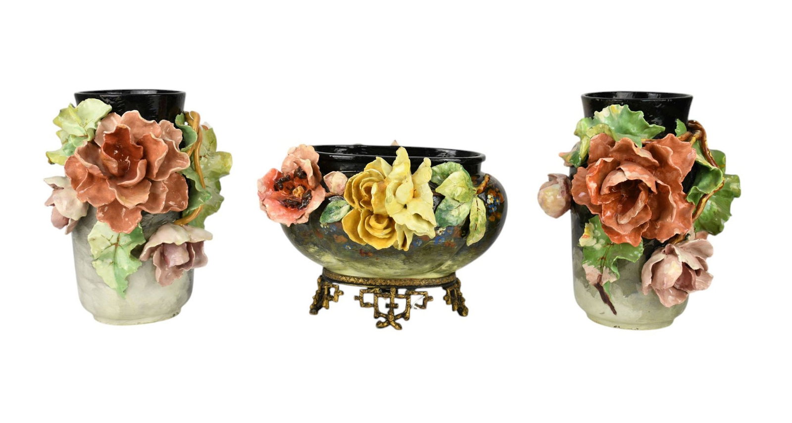 3 Piece Edouard Gilles Majolica Ceramic Garniture, French, 19th c. 2 Black & Gray Vases with Red & (1 of 10)