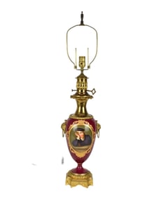 Antique Sevres-Style Porcelain & Gilt Bronze Electrified Gas Lamp - A gas lamp converted to electric