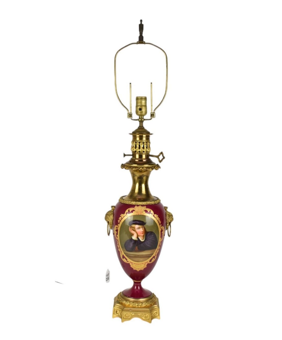 Antique Sevres-Style Porcelain & Gilt Bronze Electrified Gas Lamp - A gas lamp converted to electric (1 of 9)