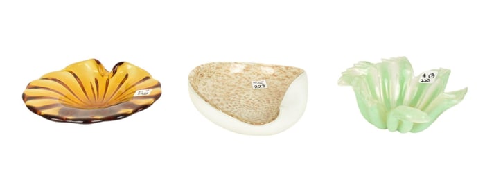 3 Murano Assorted Candy Dishes, Amber, Green with Gold and White With Gold 9"dia