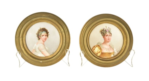 Pair Framed Porcelain Portrait Plaques, Signed, Empress Josephine and Madame Recamier, a pair of