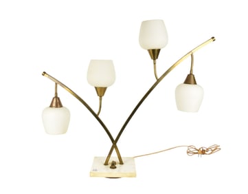 Vintage Mid-Century Table Lamp, Copper & Brass 4 Arms with Frosted Satin Glass Shades, 25"h x 30"w