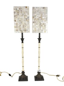 Pair Unusual Bone Turned Column Lamps with Mother of Pearl Shades, 38"h