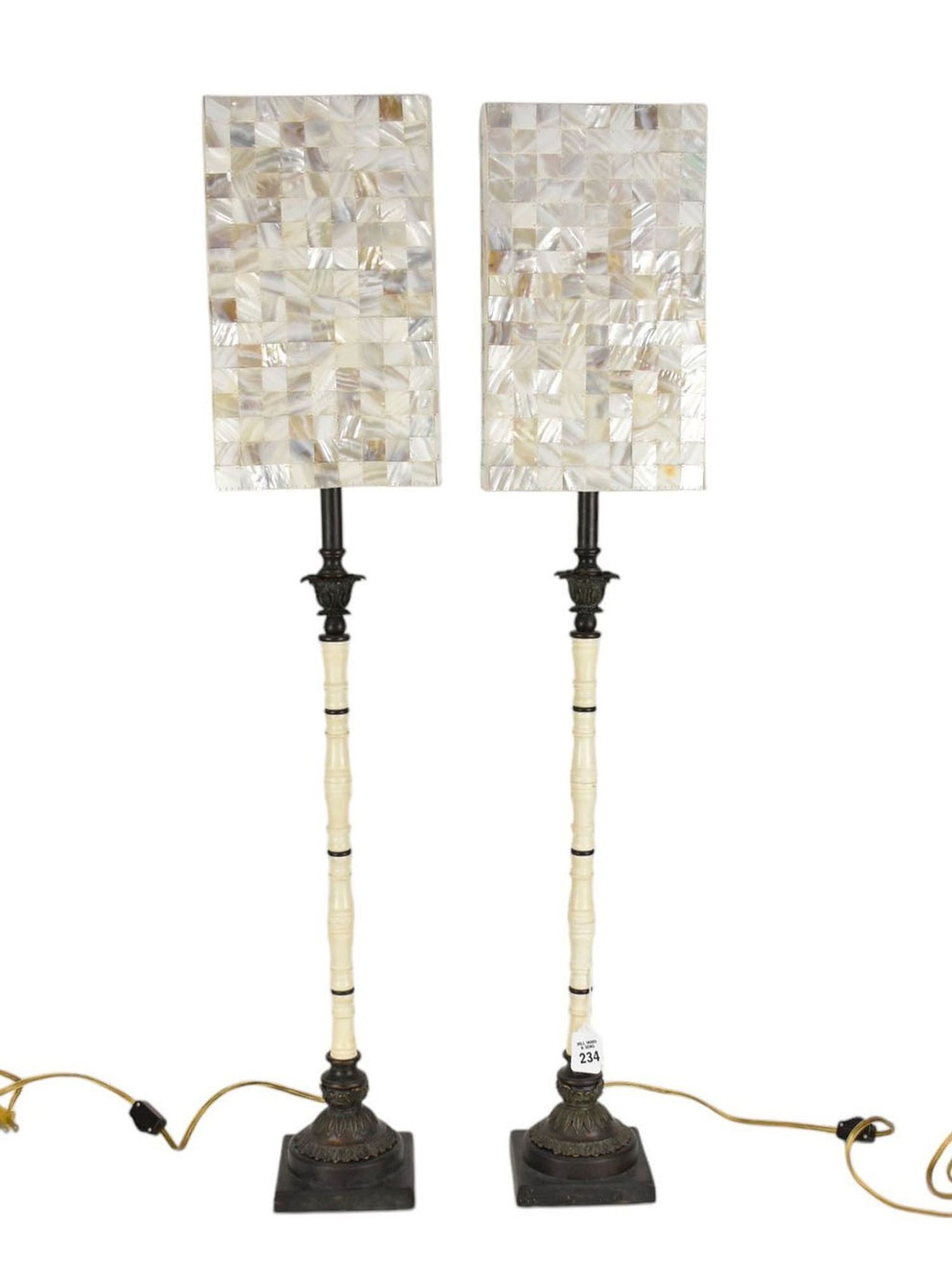 Pair Unusual Bone Turned Column Lamps with Mother of Pearl Shades, 38"h: Pair Unusual Bone Turned Column Lamps with Mother of Pearl Shades, 38"h