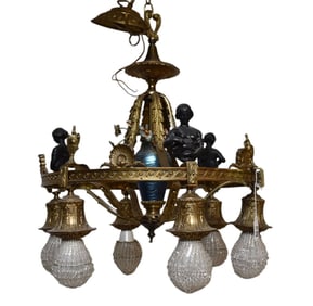 Antique Hanging Light Fixture, 6 Branch with Center Threaded Blue Art Glass (Prob. Durand) with