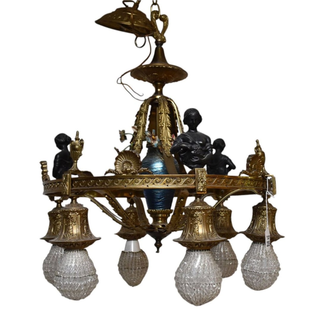 Antique Hanging Light Fixture, 6 Branch with Center Threaded Blue Art Glass (Prob. Durand) with (1 of 10)