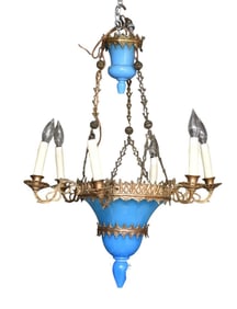 Antique French Blue Opaline & Bronze Hanging 6 Light Fixture, 34"h