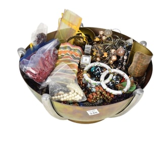 Large Costume Jewelry Lot in Copper Bowl.