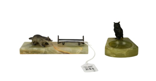 Two Austrian Animal Figures on Onyx Base Desk Items - Two antique desk items. A) Bronze Owl figure
