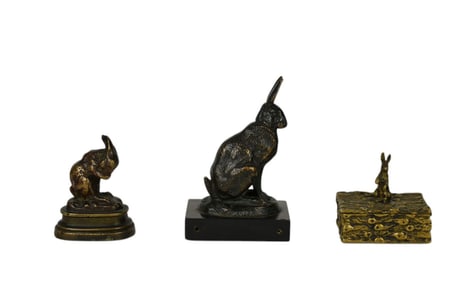Two Bronze Rabbits by Barye & Bonheur & Stamp Box - A collection of three antique bronze rabbit /