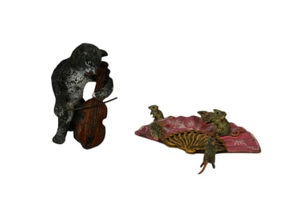 Antique Miniature Figurines, Fan w/ Mice & Cat w/ Violin - Two miniature novelty figurines. A)