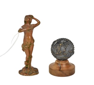 Two Art Nouveau Bronze Miniature Items - Comprising an Art Nouveau bronze nude figure, no apparent