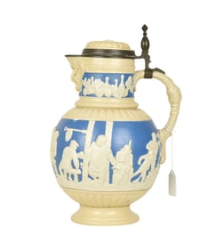 Villeroy & Boch METTLACH German Porcelain Beer Stein, C. 1897 - A handled hinged-top German beer