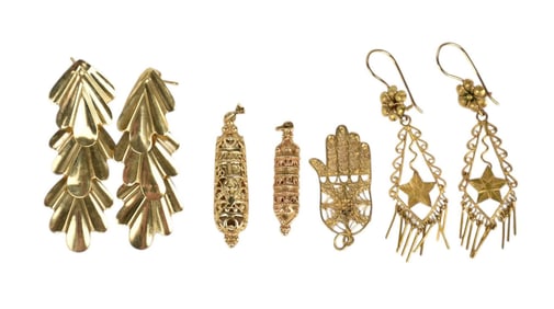 14K yellow Gold Earrings & Pendant Lot.  Wt. 15.9 grams, 2 Pairs of earrings 2.25' and 3 pendants