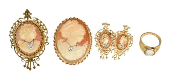 14K yellow Gold Cameo Lot. Earrings 1.5" , Ring size 6.75 and (2) Pendant / Brooch 1.75" & 2". Wt.