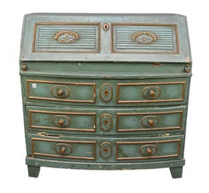 Painted Continental Slant Top 19th c. Desk, Fitted Interior Natural Wood, 43 1/2"h x 42 1/2"w x 23"d