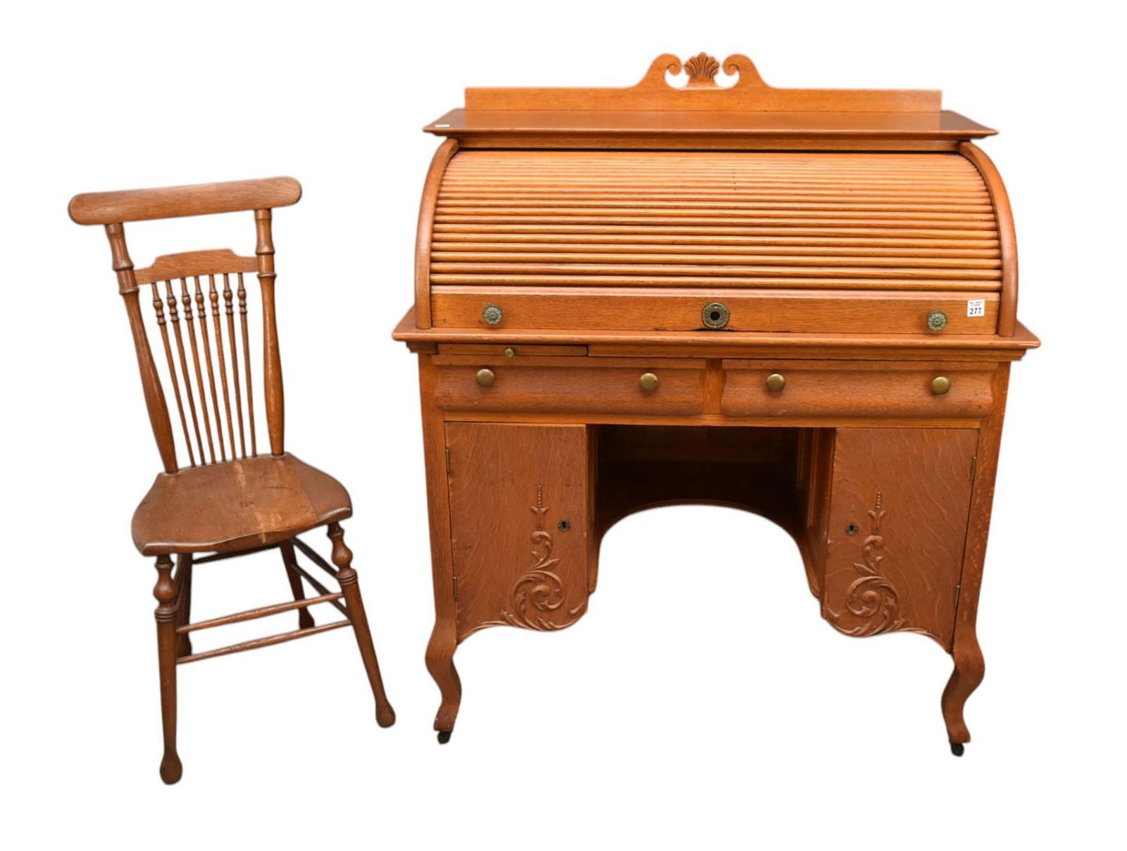 Unusual Oak Ladies Roll Top Desk (47"h x 40"w x 28"d & Chair (1 of 9)