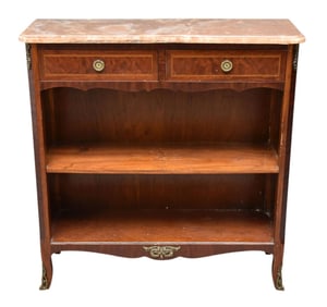Diminutive French inlaid bookcase with marble top. Marble top has been repaired, 32"h x 31 1/2"w x