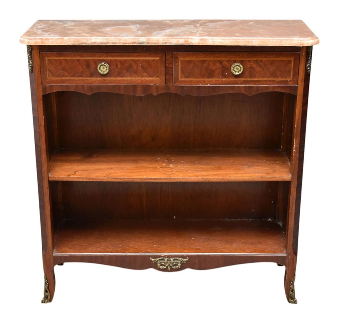 Diminutive French inlaid bookcase with marble top. Marble top has been repaired, 32"h x 31 1/2"w x: Diminutive French inlaid bookcase with marble top. Marble top has been repaired, 32"h x 31 1/2"w x 11"d