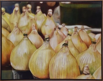 Sonia Gil Torres (Born 1936) oil on canvas, "Cebollas" 36 x 48 inches