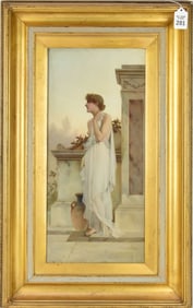 CHARLES FREDERICK LOWCOCK (1844-1925)  Classical Woman with Water Jug, circa 1900.  il on mahogany