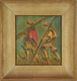 Jacques Zucker (Polish/American, 1900-1981) oil on panel two figures approximately 6 x 6“ sign