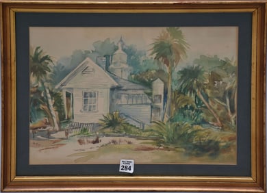 Louis Comfort Tiffany (American, 1848-1933) Watercolor Painting, Landscape-Cottage and Palm Tree's.