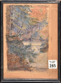 Thomas Moran (American, 1837-1926) small watercolor study , wood river and path interior.  Signed