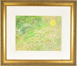 Han Kyu Nam & Choi Boon-Ja (Korean, 20th Century) Mixed Media on paper, Sun and tree's in Landscape.