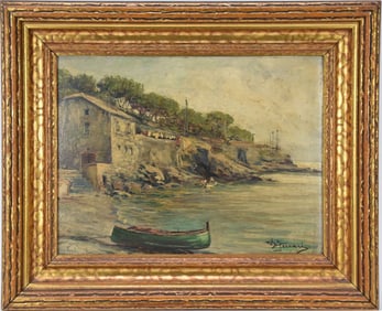 Berto Ferrari (Italian 1887 - 1965) oil on board, Italian coastal Scene. 12-1/2 x 16 inches