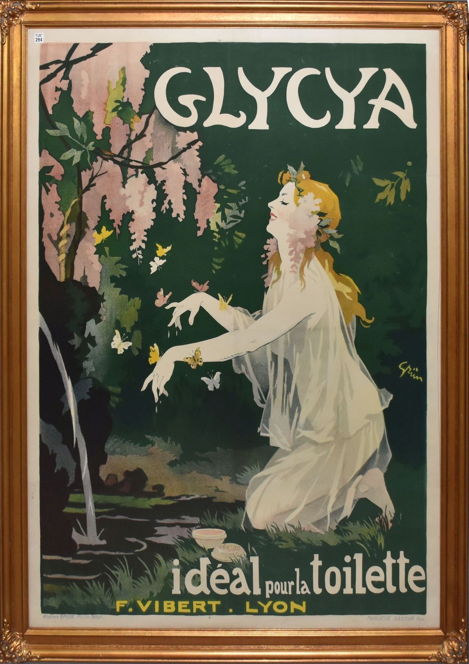 Antique French Advertising Poster- GLYCYA perfume Goddess ca. 1905.  overall with frame 52 x 68 (1 of 7)