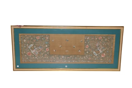 Large Chinese Antique Silk Embroidery. Silk is 19-1/2 x 61 inches long.  Overall framed is 29-1/2 x
