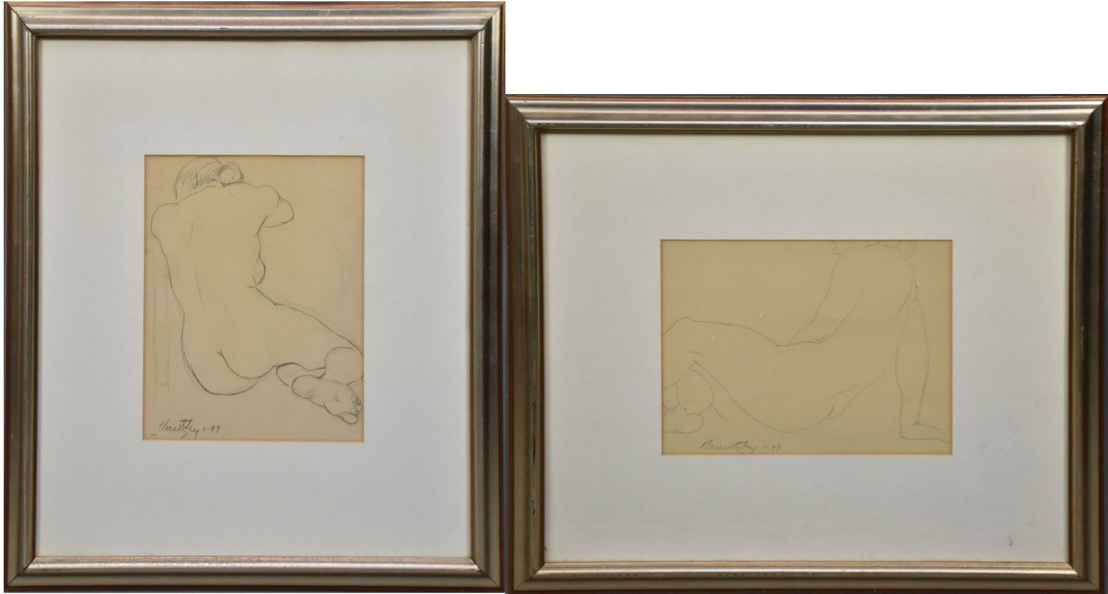 Norman Narotzky (Am. b. 1928) Two Pencil Drawings Nude Studies. Signt size 12 x 10 inches each and: Norman Narotzky (Am. b. 1928) Two Pencil Drawings Nude Studies. Signt size 12 x 10 inches each and overall size 25 x 22 inches.