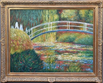 Malva (Omar Hamdi) Large oil on canvas, Summer Park Bridge Scene, 36 x 48 inches.  Overall framed 46