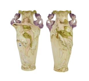 Pair Royal Dux Vases, Art Nouveau Maidens with Iris Floral Handles, 15"h