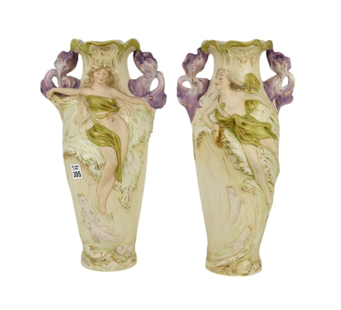 Pair Royal Dux Vases, Art Nouveau Maidens with Iris Floral Handles, 15"h (1 of 8)